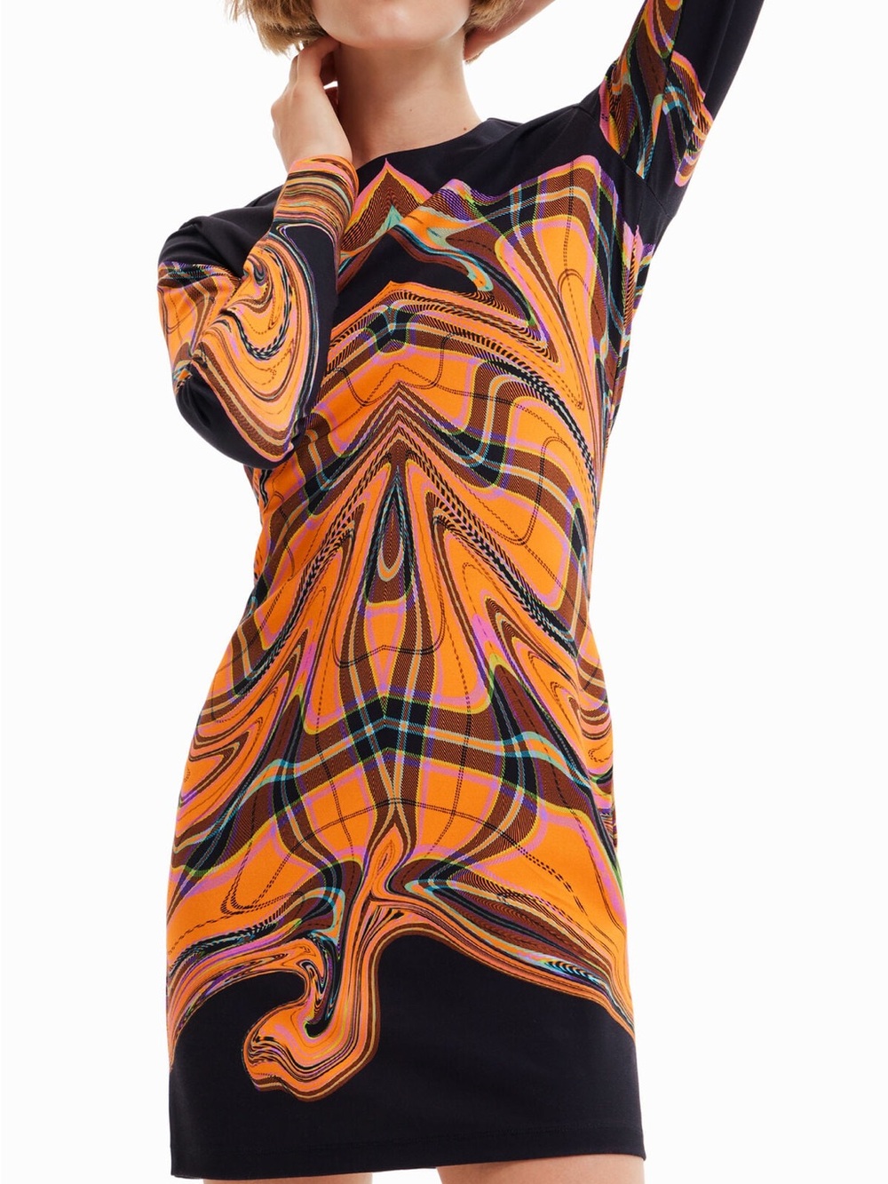 Desigual Psychedelic Orange & Black Printed bodycon long sleeve mini Dress